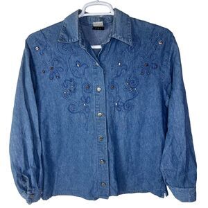Vintage Denim Jean Button Up Shirt Chambray Women's Small Embroidered Floral‎